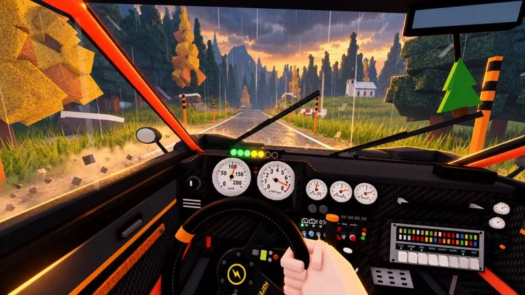 Cockpit view of a Backseat Rally car on a rainy forest road, with a green tree air freshener and wipers on the glass.
